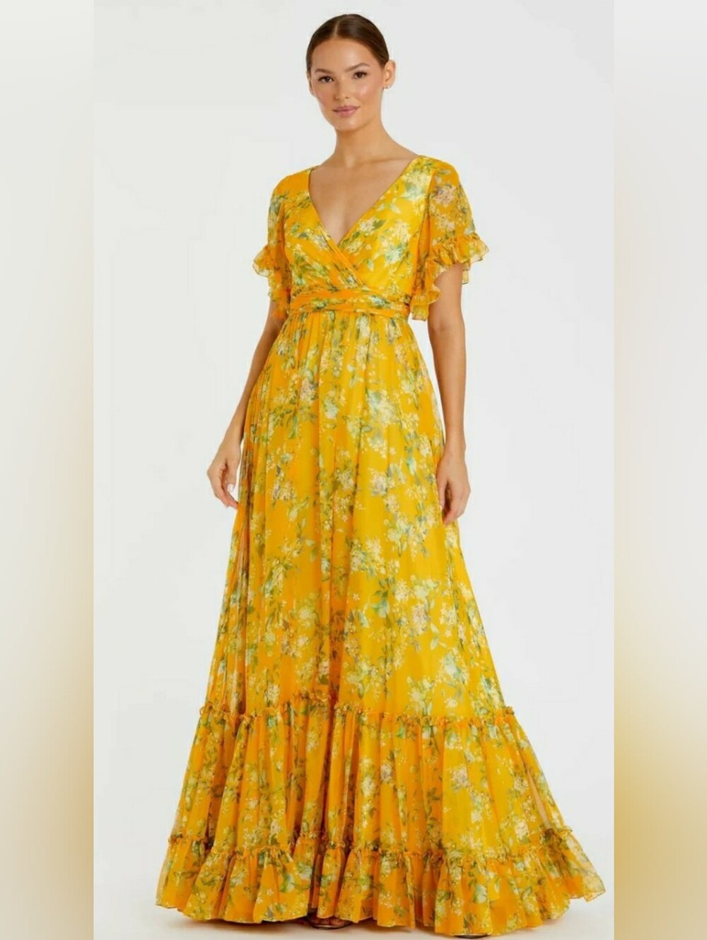 Mac Duggal Yellow Multicolor Flounce Sleeve Fgown Wedding Gala  Short Sleeve 4